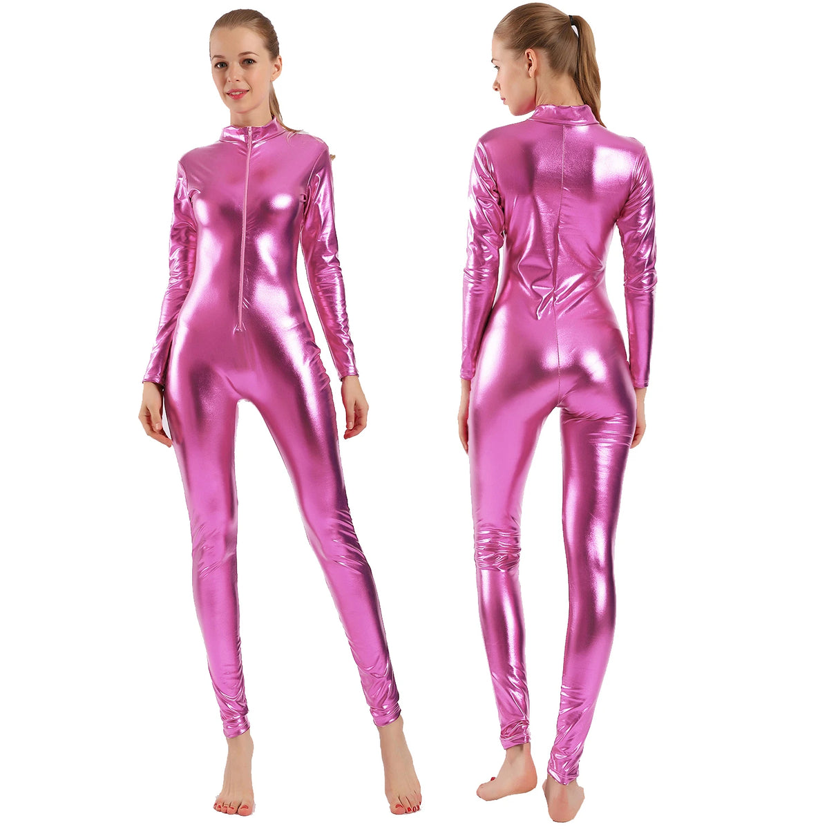 AOYLISEY Women Shiny Metallic Catsuits Unitard Long Sleeve Mock Neck Ballet Jumpsuits for Hollween  Men Cosplay Zentai Costumes