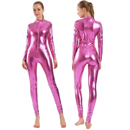 AOYLISEY Women Shiny Metallic Catsuits Unitard Long Sleeve Mock Neck Ballet Jumpsuits for Hollween  Men Cosplay Zentai Costumes