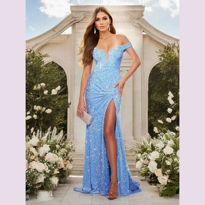 Elegant Sleeveless Slash Neck Evening Slit Women Dress Sequin Backless Off Shoulder Bodycon Home Party Dresses Floor Length