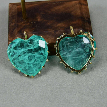 APDGG 2 Pcs Cz Green Crystal Natural Quartz Stone Heart Shaped Gold Plated Pendant DIY Fashion Jewelry Necklace Making DIY
