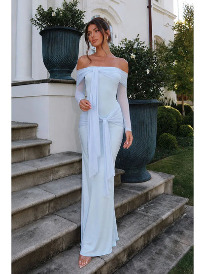 Sexy Slash Neck Mesh Long Sleeve Patchwork Maxi Dress Women Light Blue Off Shoulder Tie Ruched Slim Dresses Evening Party Gowns