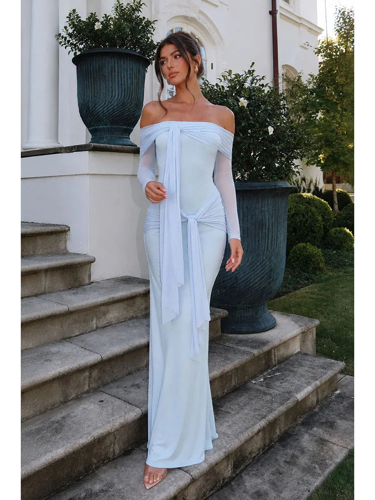 Sexy Slash Neck Mesh Long Sleeve Patchwork Maxi Dress Women Light Blue Off Shoulder Tie Ruched Slim Dresses Evening Party Gowns