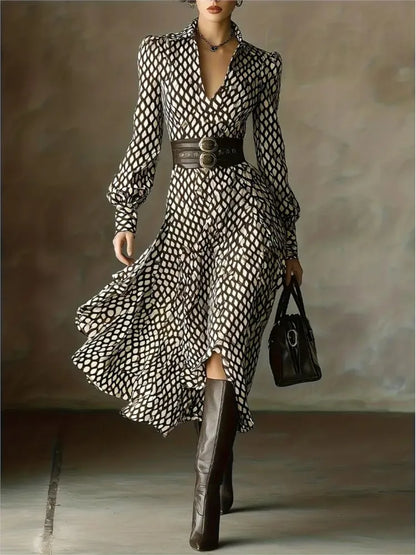 Lantern Long Sleeve Dress New Style Lapel Print Women's Long Sleeved Elegant Lapel Collar Dress Casual And Comfortable...