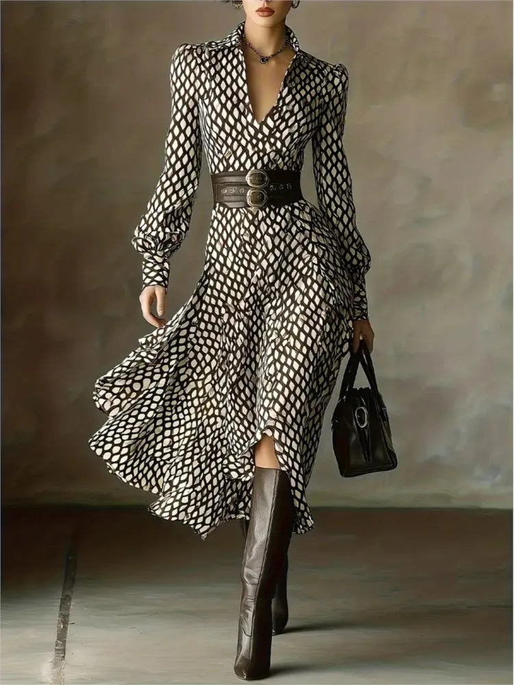 Lantern Long Sleeve Dress New Style Lapel Print Women's Long Sleeved Elegant Lapel Collar Dress Casual And Comfortable...