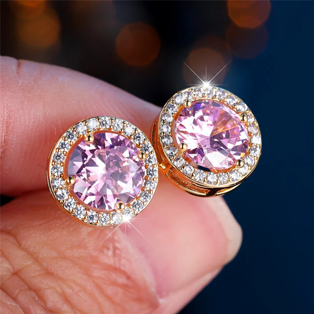 Cute Female Multicolor Pink Black Zircon Round Stone Stud Earrings Gold Color Wedding Jewelry For Women | Kimlud Mid...