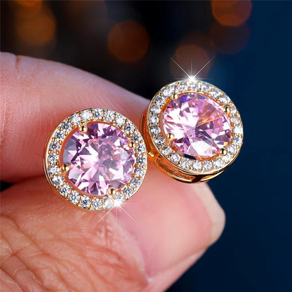 Cute Female Multicolor Pink Black Zircon Round Stone Stud Earrings Gold Color Wedding Jewelry For Women | Kimlud Mid...