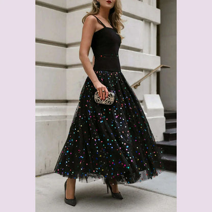 Sequin Mesh High Waist Skirt Plus Size Pleated A-Line High Street Elegant Wedding Guest Sweet Skirts 2024