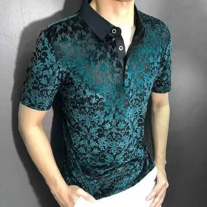 Black Gold Abstract Pattern Lace Sexy Polo See Quality Men Through Social Club Luxe Transparent Shirt Summer Short Sleeve Polo - Kimlud