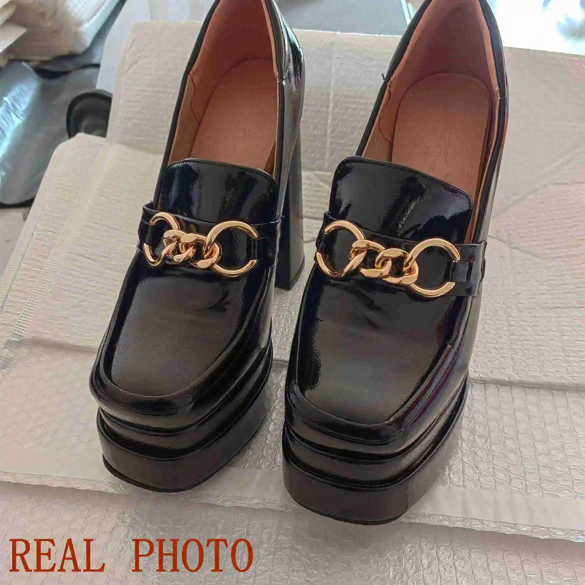 SIMLOVEYO Women Fashion Pumps Round Toe Chunky Heels 14cm Double Platform 4cm Slip On Metal Decor Big Size 43 44 45...