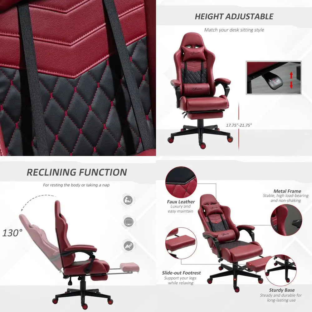 High-Back Swivel Reclining Gaming Chair with Footrest, Lumbar Support, Adjustable Height, Red Leatherette
