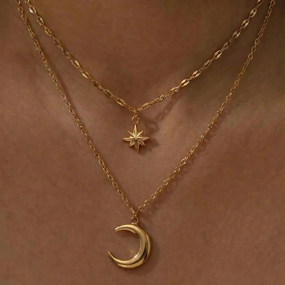 DOTIFI Stainless Steel Eight-Pointed Star Moon Pendant Double-Layer Necklace Women's Fashion Minimalist Commuter Chain Jewelry - Kimlud