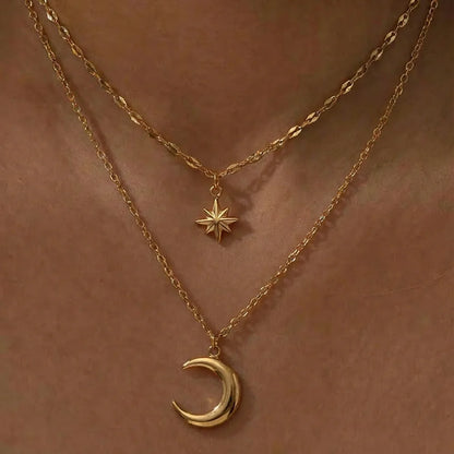 DOTIFI Stainless Steel Eight-Pointed Star Moon Pendant Double-Layer Necklace Women's Fashion Minimalist Commuter Chain Jewelry - Kimlud