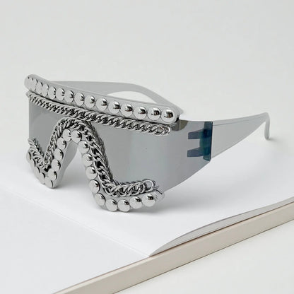 Punk Style One-piece Large Frame Sunglasses with Metal Chain Stud Women and Men Treny Exaggertated Unique Sun Glasses...
