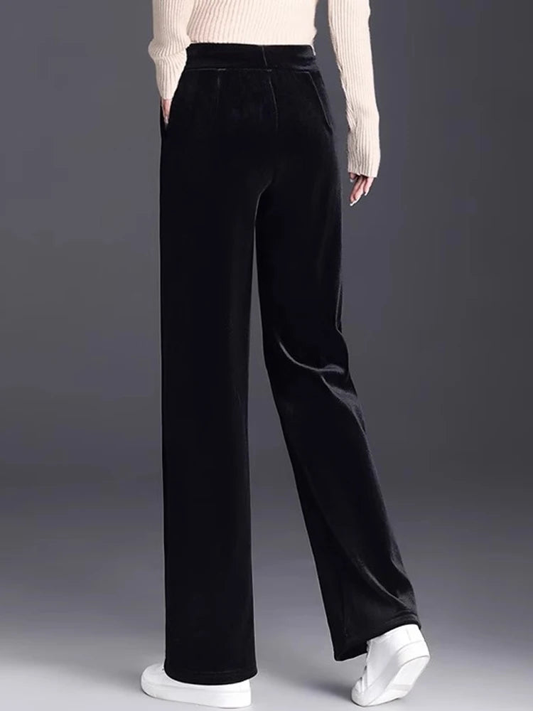 Golden Velvet Wide Legged Pants 2024 Spring and Autumn High Waist Hanging Good Casual Pants Blue Loose Straight Women's Pants6XL