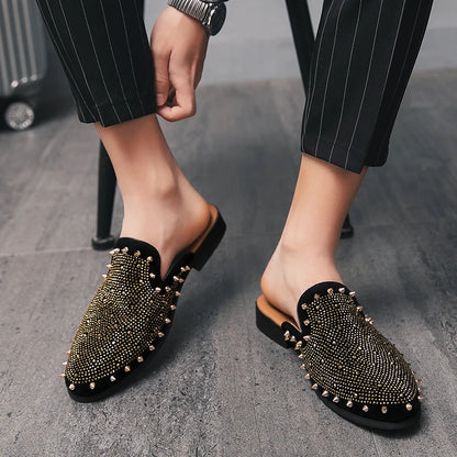 New Gold Hip-hop Rock Punk Rivet Rhinestones Shoes For Men Half Slippers Summer Fashion Casual Mules Moccasins Loafers - Kimlud