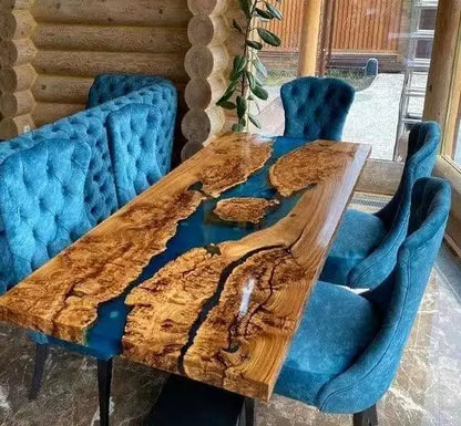 Solid Walnut Wood Luxury Dining Restaurant Rectangular Ocean River Epoxy Resin Slab Kitchen Table