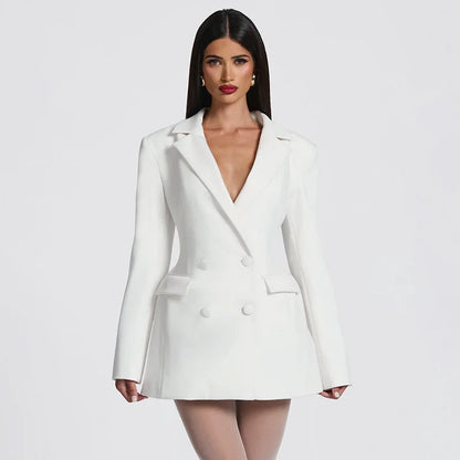Mozision Deep V Neck Long Sleeve Sexy Mini Blazer Dress Women Elegant Double-breasted High Waist Club Party Blazers Dress