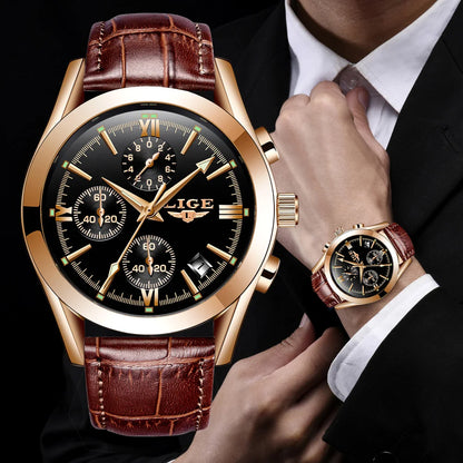 LIGE Fashion Men Watches Top Brand Luxury Military Quartz Watch for Men Business Leather Waterproof Casual Sport Chronograph New
