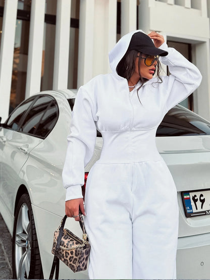 Women's Hooded Zipper Elastic Waist Jumpsuit Long Pants Sports Casual Solid Color Comfortable Casual Cross-Border Style