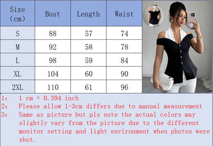 Women's Black White Contrast Off-Shoulder Top Halter Neckline Button Front Ideal for Evening Events Fashion-forward Outings - Kimlud