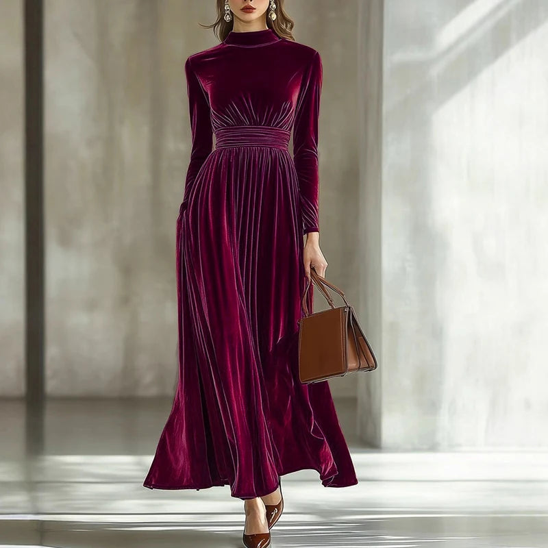 New Autumn Winter Half High Collar Long Sleeve A-Line Maxi Dresses Women Fashion Velvet Party Long Dress Christmas Evening Dress - Kimlud
