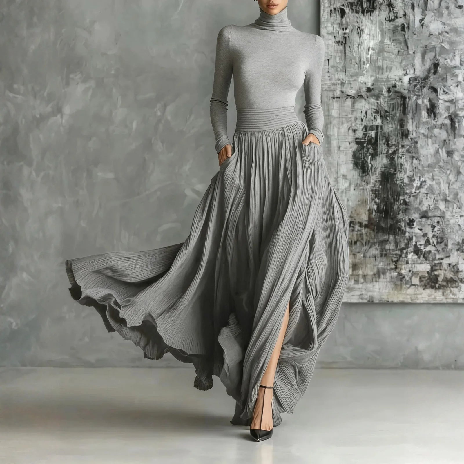 French Retro Elegant Light Luxury Slim-fit Dress for Women Turtleneck Long Sleeve Long Dresses Flowy Dress with a Large Skirt - Kimlud