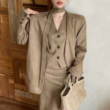 KWTX 2025 Women's 3 Pcs Suit Set Spring Fall V-Neck Blazer Single Breasted Vest Ribbon Tie Skirt Solid Color Elegant Retro