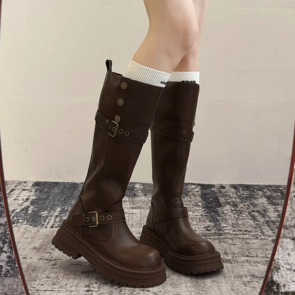 Winter Vintage Platform Thick Sole Woman Knight High Boots Concise Belt Buckle Front zipper Shoes Ladies Slim Modern Long Botas