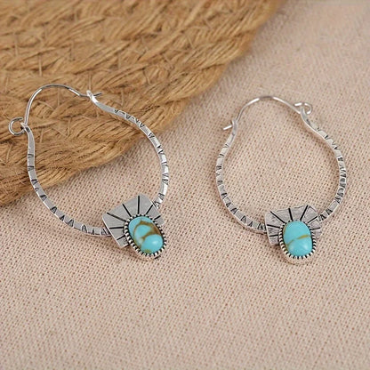 Boho-Chic Hoop Earrings - Silvery Plated, Synthetic Gemstone Inlay, Zinc Alloy - Perfect for Casual Attire & Gifting |...