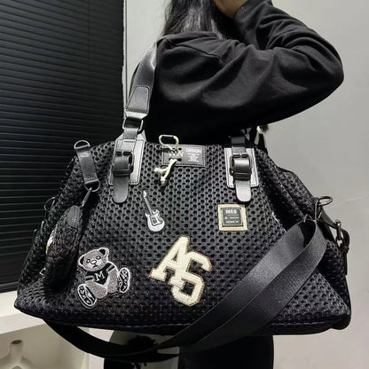 Fashionable women's mesh nylon adhesive tote bag, large capacity splicing shoulder bag, short distance travel casual handbag - Kimlud