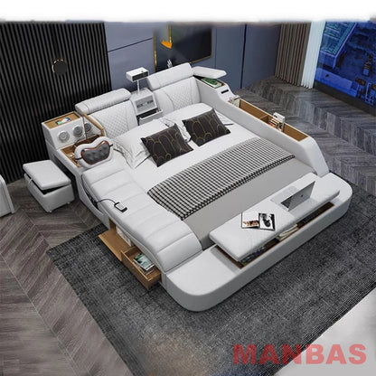 Modern Tech Smart Bed, King/Queen Size Genuine Leather Bed with Projector,USB, Speaker, Luxury Multifunction Bed, All In...