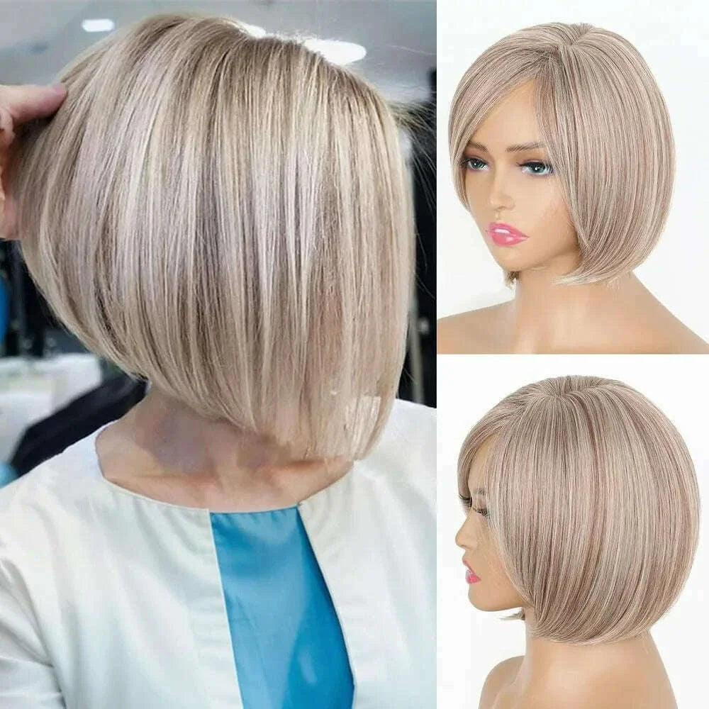 Women's Fashion Bob Blonde Highlights Short Blonde Wigs with Brown Mixed