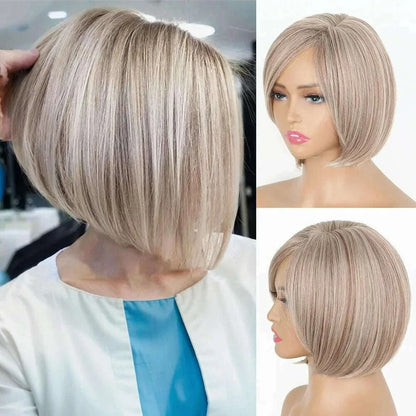 Women's Fashion Bob Blonde Highlights Short Blonde Wigs with Brown Mixed