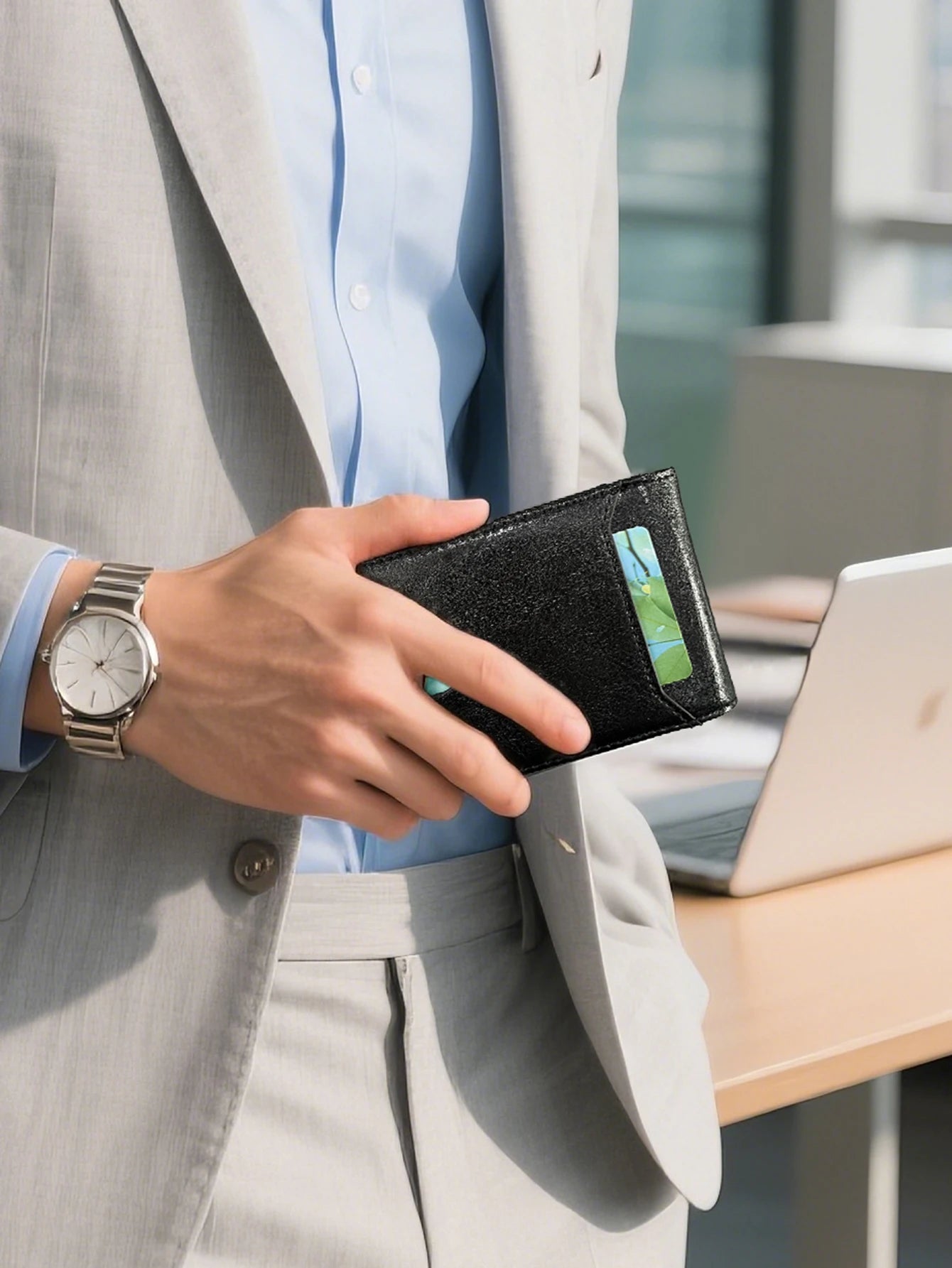 Men's Ultra-Thin RFID Blocking Leather Wallet Bi-Fold Front Pocket Wallet Large Capacity 8 Card/Short Card Holder with ID Window