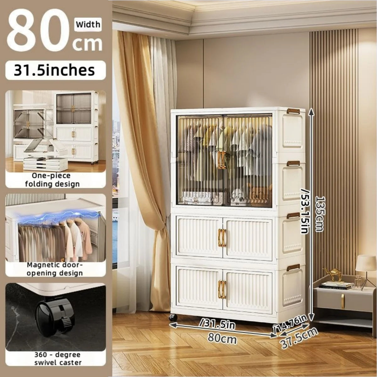 80cm no-installation folding storage cabinet, bedroom children's wardrobe, multi-layer storage box with wheels - Kimlud