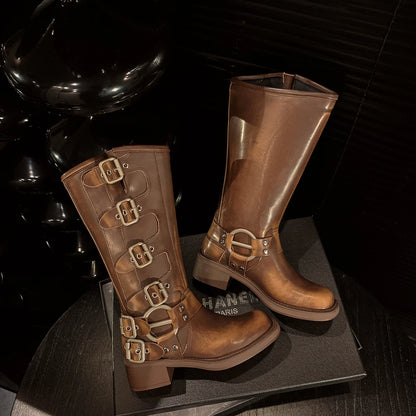 Arden Furtado 2025 Genuine Leather Platform Rivet Motorcycle boots Round toe Belt buckle Block heel mid wide calf Western boots