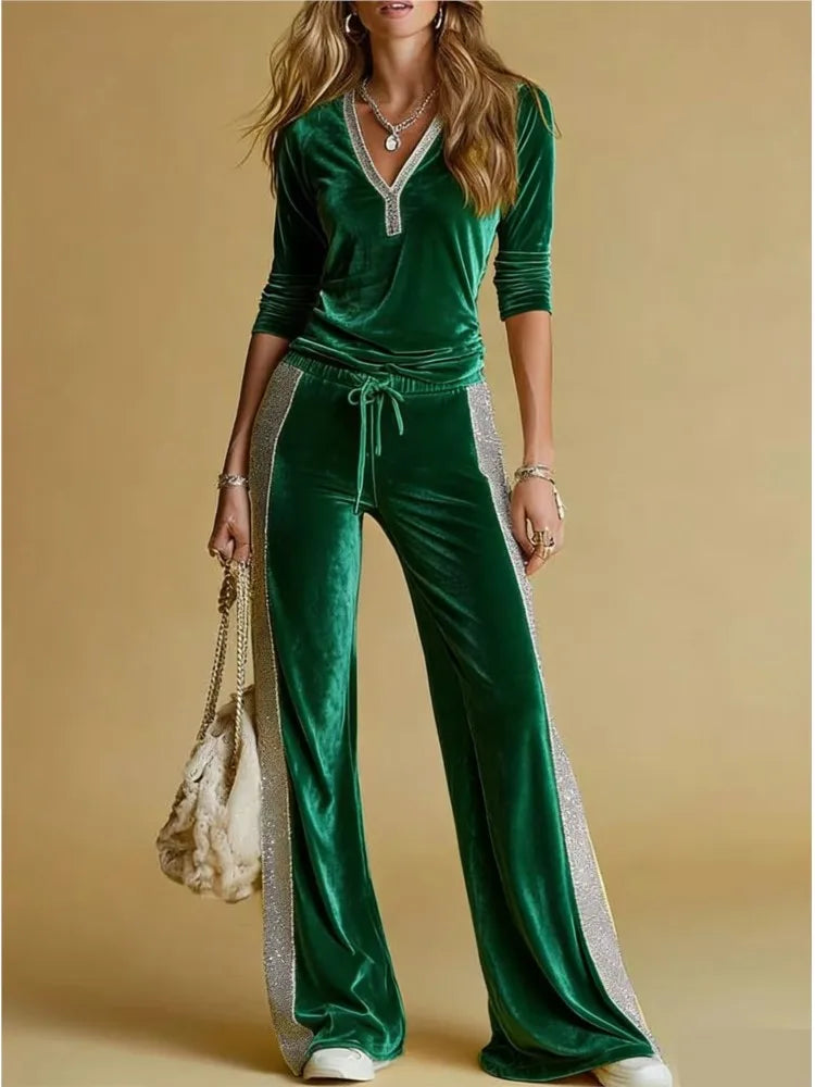 Spring Autumn Women's Fashion Velvet Pants 2-Piece Set Spliced V Neck Long Sleeve Elastic Waist Tie Casual Sports Pants Suit - Kimlud