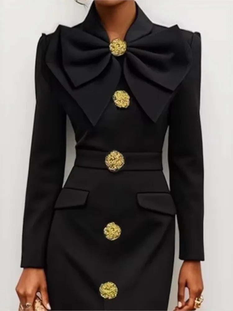 Women's New Formal Evening Dress Bow Tied Buttoned Long Sleeve Slim Long Dress 2026 Autumn Female Elegant Black Party Dresses
