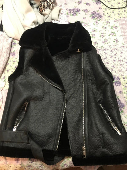 Streetwear Women Loose Thick Warm Sleeveless Faux Soft Fur Leather Vest Autumn Winter Female Zipper Belt Waistcoat Tops