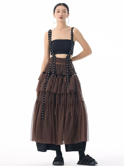 [EAM] High Elastic Waist Coffee Mesh Perspective Ribbon Strap Half-body Skirt Women Fashion Tide New Spring Autumn 2026 1DJ5044