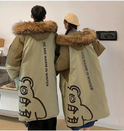 Men's Parkas Hooded Down Jacket Couple Mid-length Over-the-knee Loose Animal Fur Collar Jackets Zipper Pockets Thick Tops Coat