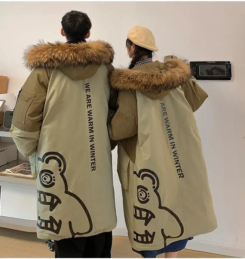 Men's Parkas Hooded Down Jacket Couple Mid-length Over-the-knee Loose Animal Fur Collar Jackets Zipper Pockets Thick Tops Coat