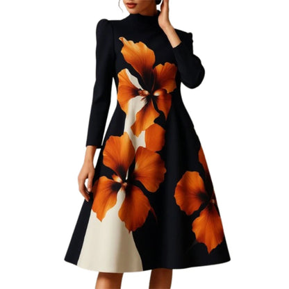 Yeezzi Women's Elegant Stand Collar A-Line Party Dress 2026 New Vintage Floral Printed Midi Dresses For Evening Office...