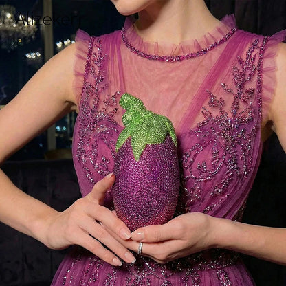 Alizekerr Eggplant Shaped Diamond Evening Bags Women Gorgeous Metallic Rhinestone Purses Ladies Unique Handbags Wedding Party - Kimlud