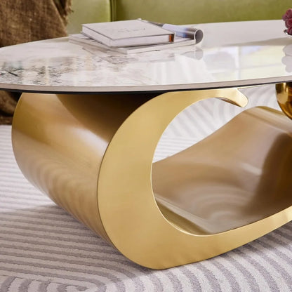 49.2-Inch Modern Oval Faux Marble Coffee Table with Sturdy Gold Metal Base - Luxury Living Room Furniture for Home Decor - Kimlud