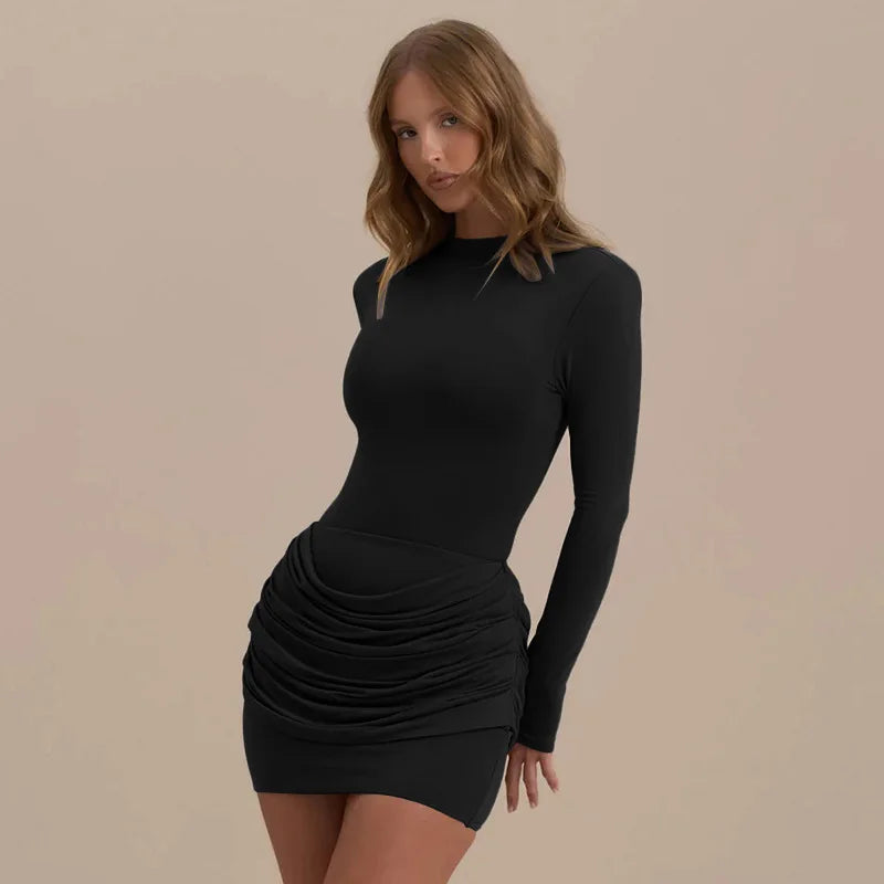 Solid Color Gathered Hip Cover Long Sleeve Dress Women's Spring Summer New Casual Round Neck Dresses For Women Ropa...
