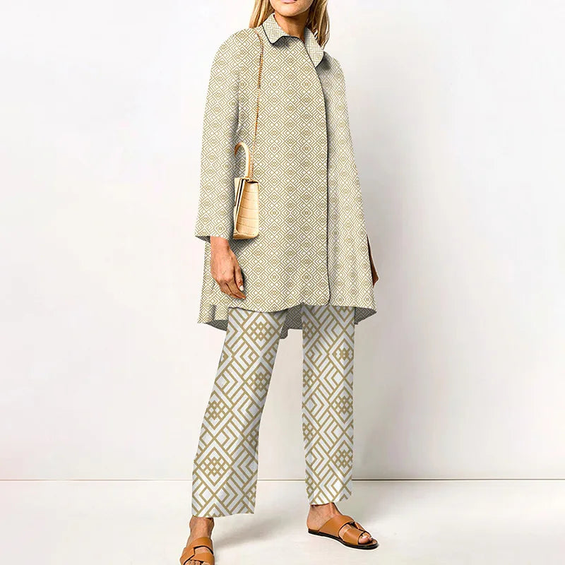 Autumn New Vintage Printed Pant Sets Women Long Shirts And Wide Legs Trousers Two Piece Set Fashion Trendy Streetwear Lady Suits