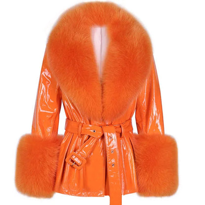 YOLOAgain Women's Real Fox Fur Collar Sheepskin Leather Jacket Coat Autumn 2024