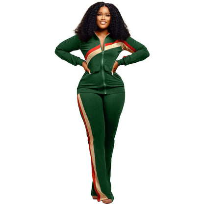 Custom LOGO Spring  Women's Sports Casual Fashion Color-matching Pocket Lapel Zipper Top Straight Pants Two-piece Set S-4XL