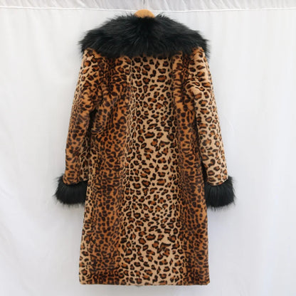 Women's leopard-print fur coat Long mink coat fox fur large fur collar winter trench coat loose and large size